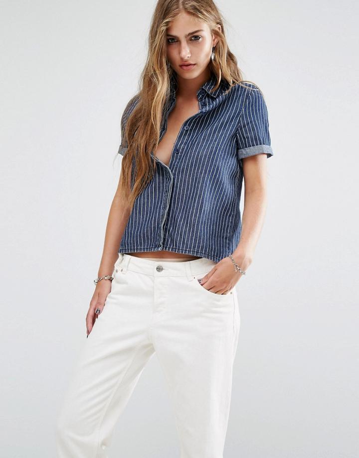 Noisy May Pinstripe Denim Shirt With Slit Back - Blue