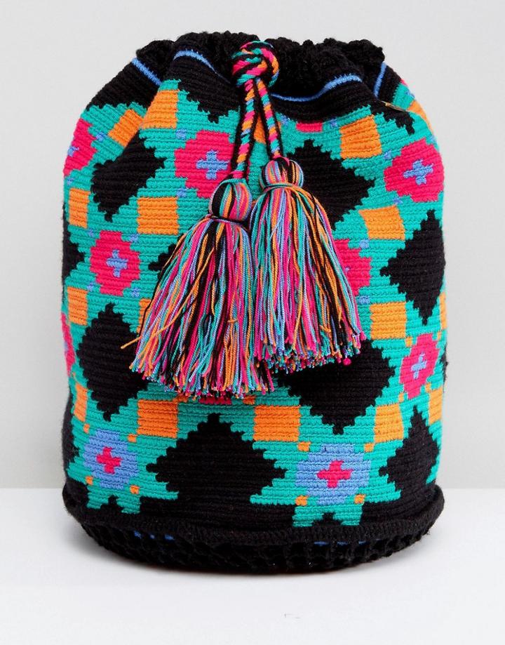 Jardin Del Cielo Wayuu Woven Backpack In Black Multi - Blue