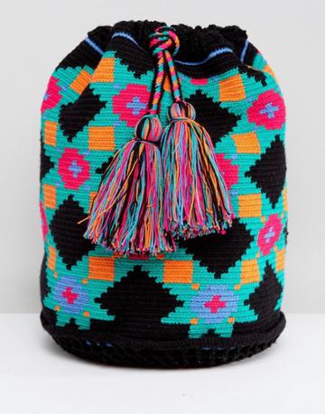 Jardin Del Cielo Wayuu Woven Backpack In Black Multi - Blue