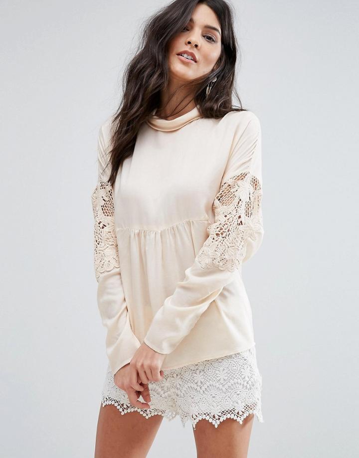 Vila Lace Detail Smock Blouse - Beige
