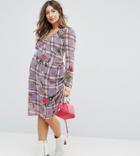 Asos Maternity Tall Floral And Check Midi Dress With Tie Side Channelling Detail-multi