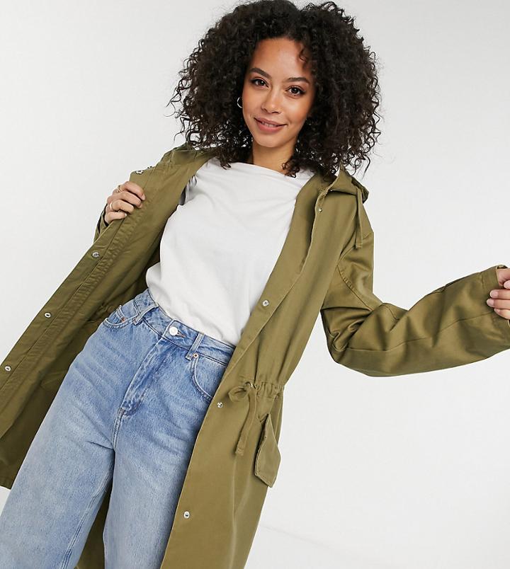 Asos Design Tall Longline Parka In Khaki-neutral