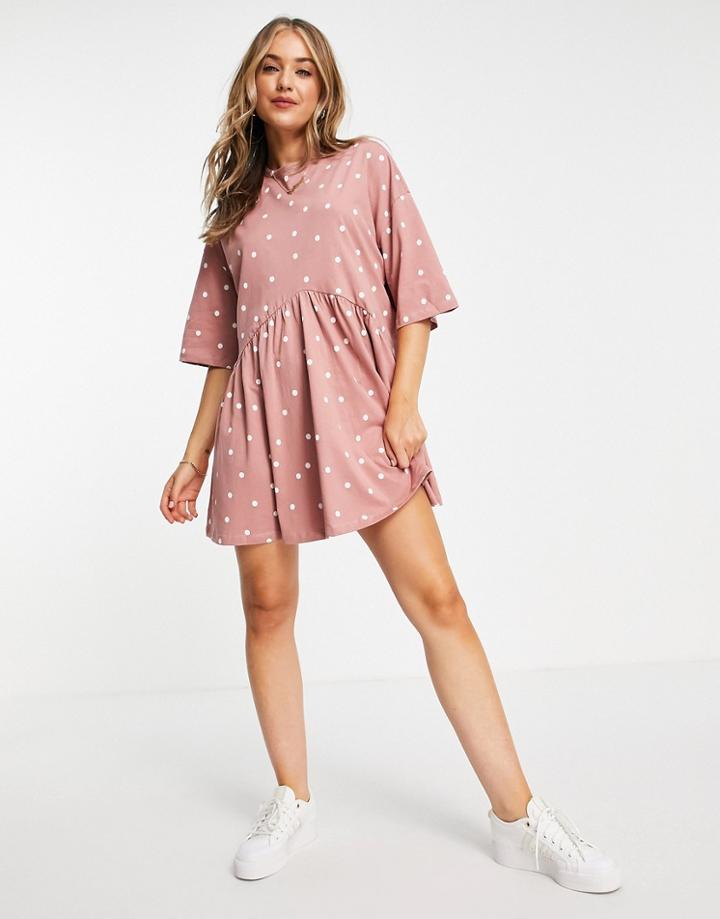 Asos Design Oversized Mini Smock Dress With Dropped Waist In Rose And White Spot-red