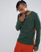 Asos Textured Sweater With Orange Side Stripe - Green