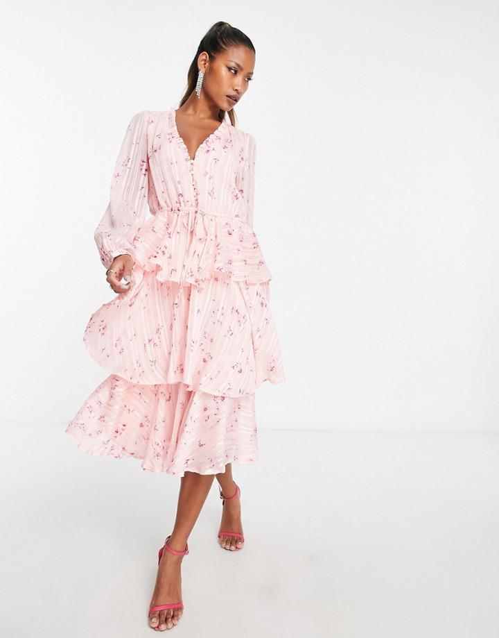 Vila Long Sleeve Tiered Chiffon Midi Dress In Pink Floral