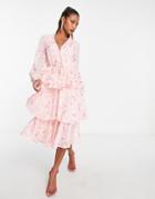 Vila Long Sleeve Tiered Chiffon Midi Dress In Pink Floral