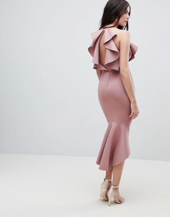Asos Scuba Halter Ruffle Front Midi Bodycon Dress - Pink