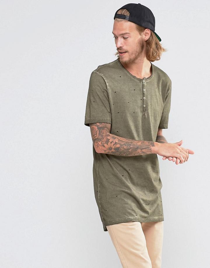 Asos Super Longline T-shirt With Grandad Collar And Nibbling - Green