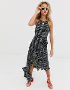 New Look Ruffle Spot Satin Midi Dress In Polka Dot - Black
