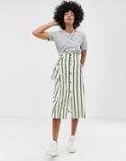 Asos Design Green Stripe Midi Skirt With Elastic Shirred Waistband - Multi