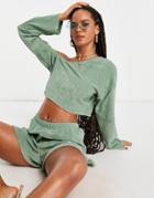 Asos Design Terry Off Shoulder Beach Top In Khaki - Part Of A Set-green
