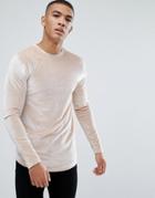Asos Design Longline Muscle Long Sleeve T-shirt With Curve Hem In Beige Velour - Beige