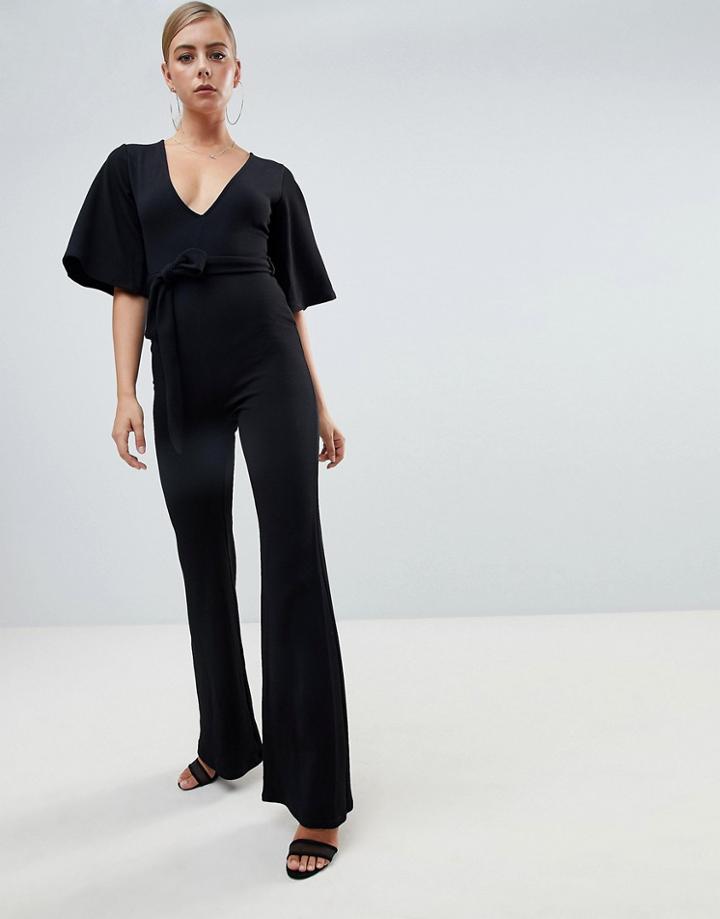 Missguided Kimono Sleeve Plunge Jumpsuit In Black - Black