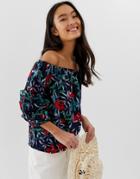 Qed London Bardot Top With Tiered Sleeves In Navy Floral - Navy