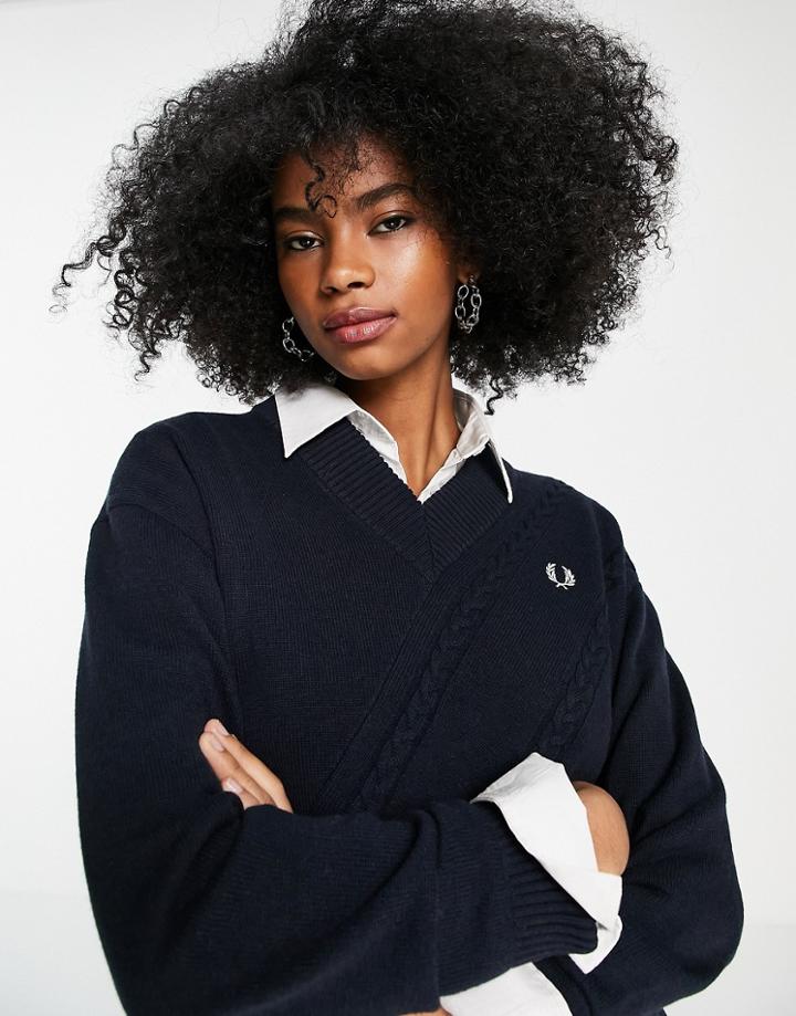 Fred Perry V-neck Sweater With Laurel Wreath Logo In Navy
