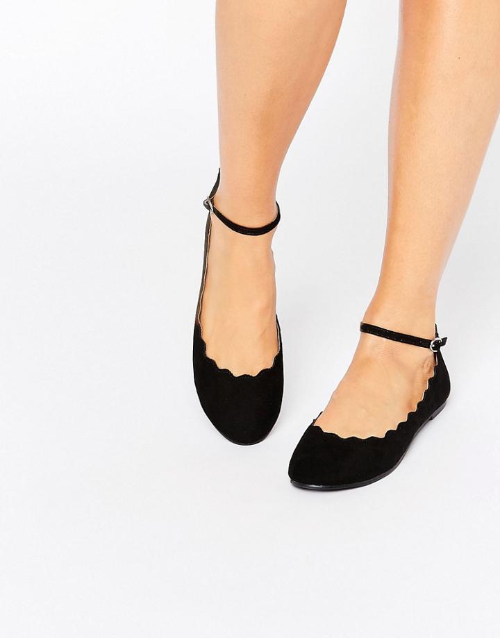 London Rebel Scallop Edge Ankle Strap Ballerina - Black