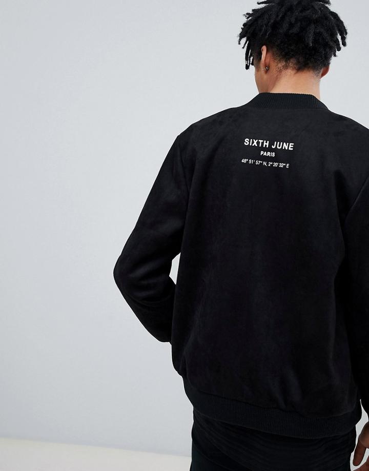 Sixth June Logo Bomber In Black Faux Suede - Black