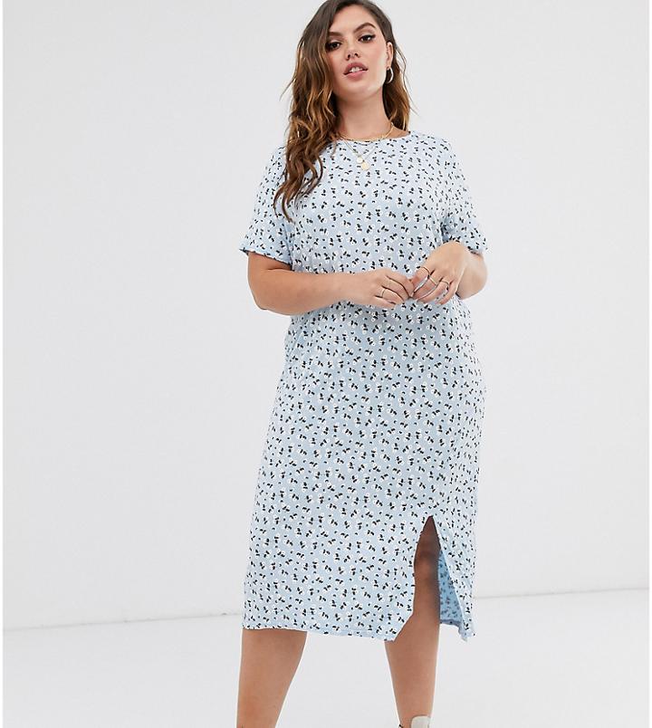 Daisy Street Plus Midi T-shirt Dress With Split In Ditsy Floral Print - Blue