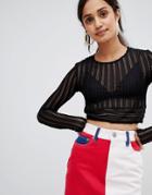 Bershka Long Sleeved Crop Top In Mesh - Black
