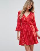 Influence Polka Dot Ruffle Wrap Dress - Red