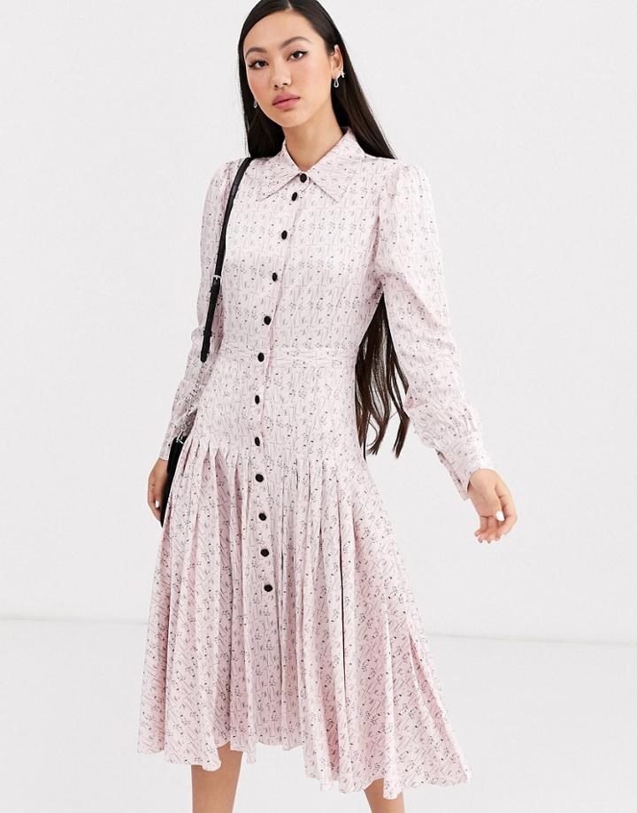 Rachel Antonoff Pleated Martini Waiter Print Shirt Midi Dress-white