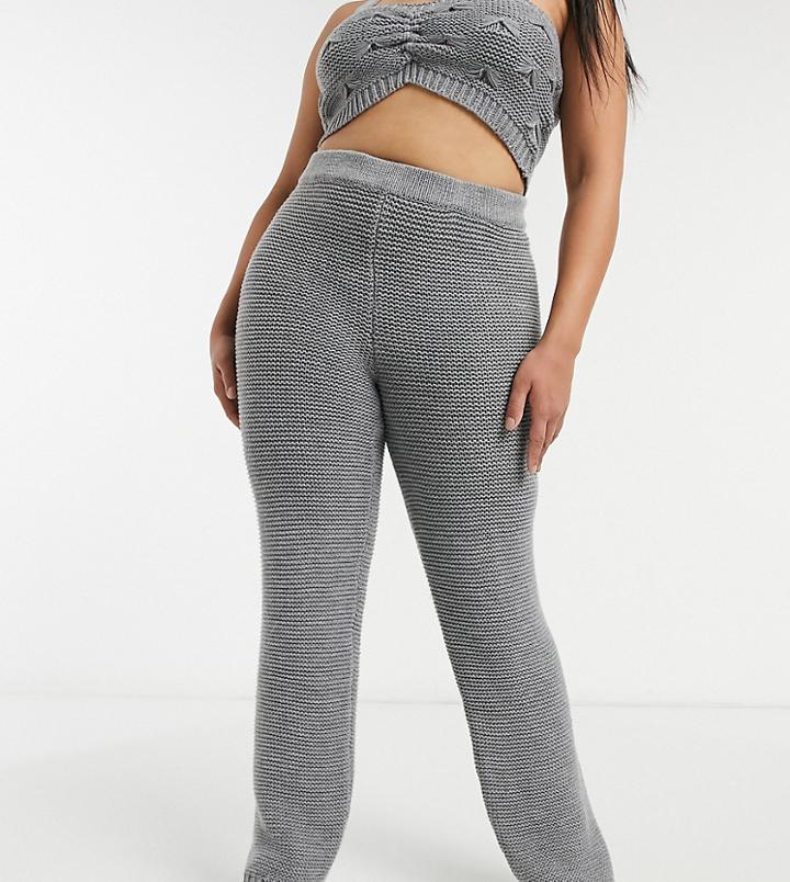 Skylar Rose Plus Knitted Wide Leg Pants In Textured Knit Set-grey