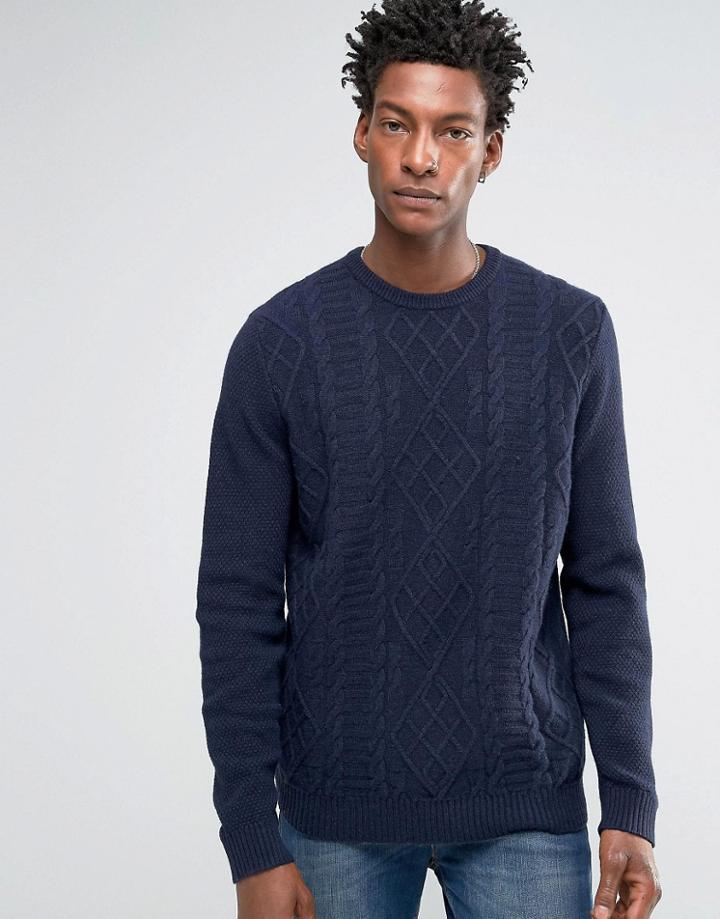 Asos Lambswool Rich Cable Sweater In Navy Marl - Navy
