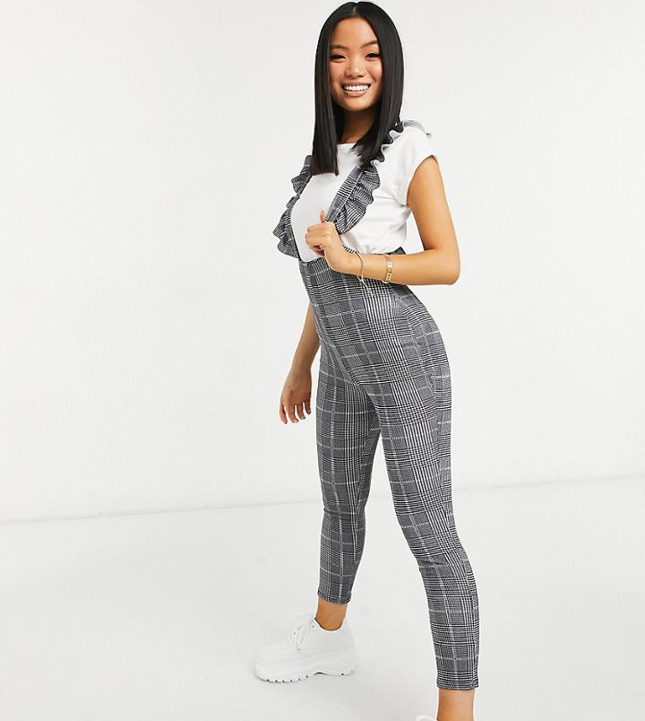 Asos Design Petite Frill Strappy Slim Overalls Unitard In Mono Plaid-multi