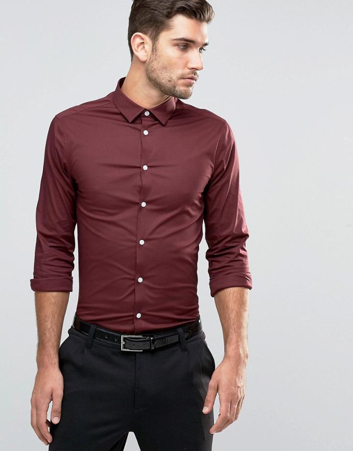 Asos Skinny Shirt In Burgundy With Long Sleeves - Red
