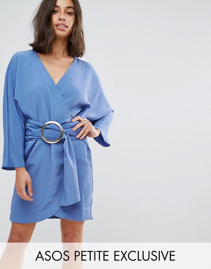 Asos Petite 80's Casual Mini Dress With Metal Ring Belt - Blue