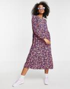 Pieces Midi Smock Dress In Purple Whimsy Floral-multi