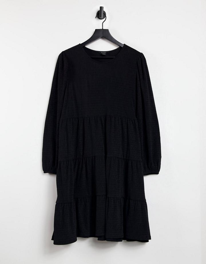 Monki Mino Long Sleeve Tiered Mini Smock Dress In Black