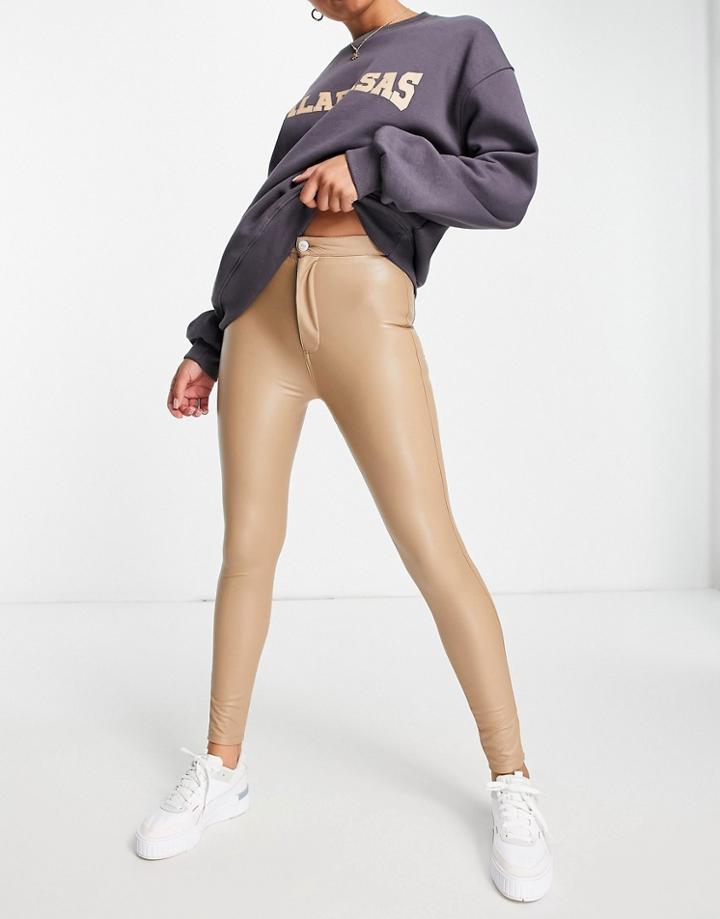 Pull & Bear Faux Leather Skinny Pants In Beige-neutral