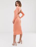Asos Design Going Out Long Sleeve Backless Bodycon Midi Dress - Orange