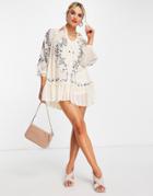 Asos Design Soft Mini Smock Shirt Dress With Embroidery In Beige-neutral