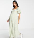 Asos Design Maternity Cupped Button Through Midi Tea Dress In Sage Green Floral-multi