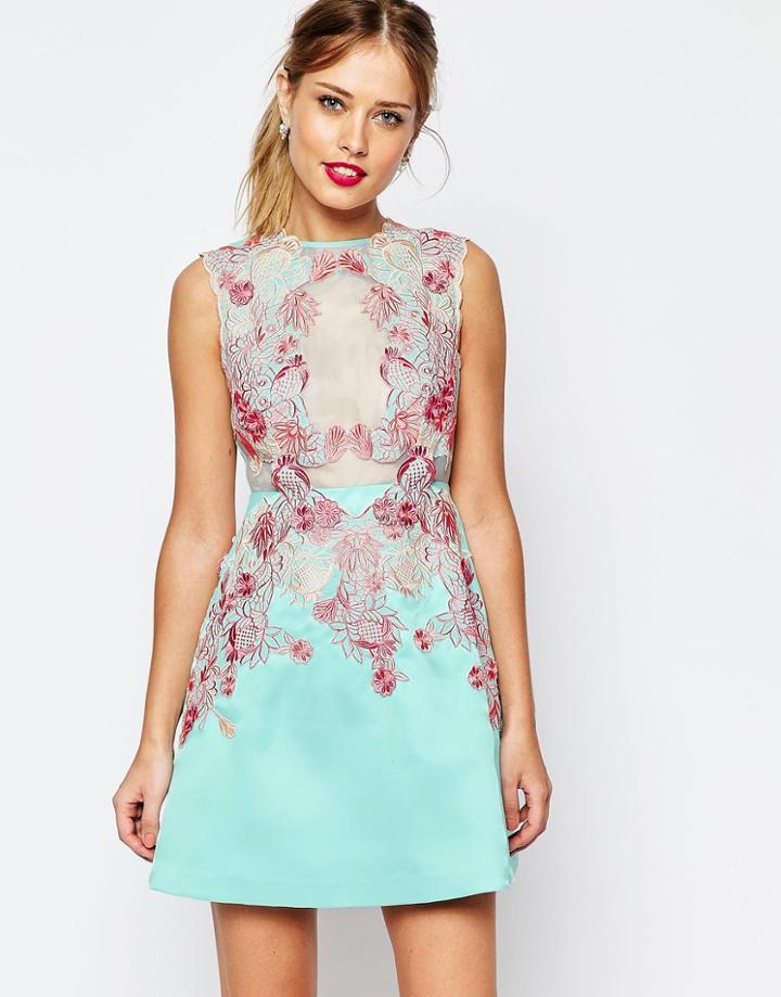 Asos Salon Applique Lace Sheer Aline Mini Dress - Mint