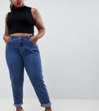 Boohoo Plus High Waist Mom Jeans In Mid Wash - Navy