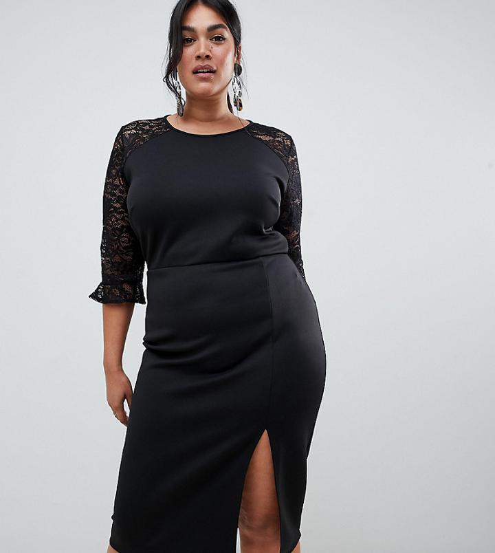 True Violet Plus Scuba Bodycon Dress With Lace Insert In Black - Black