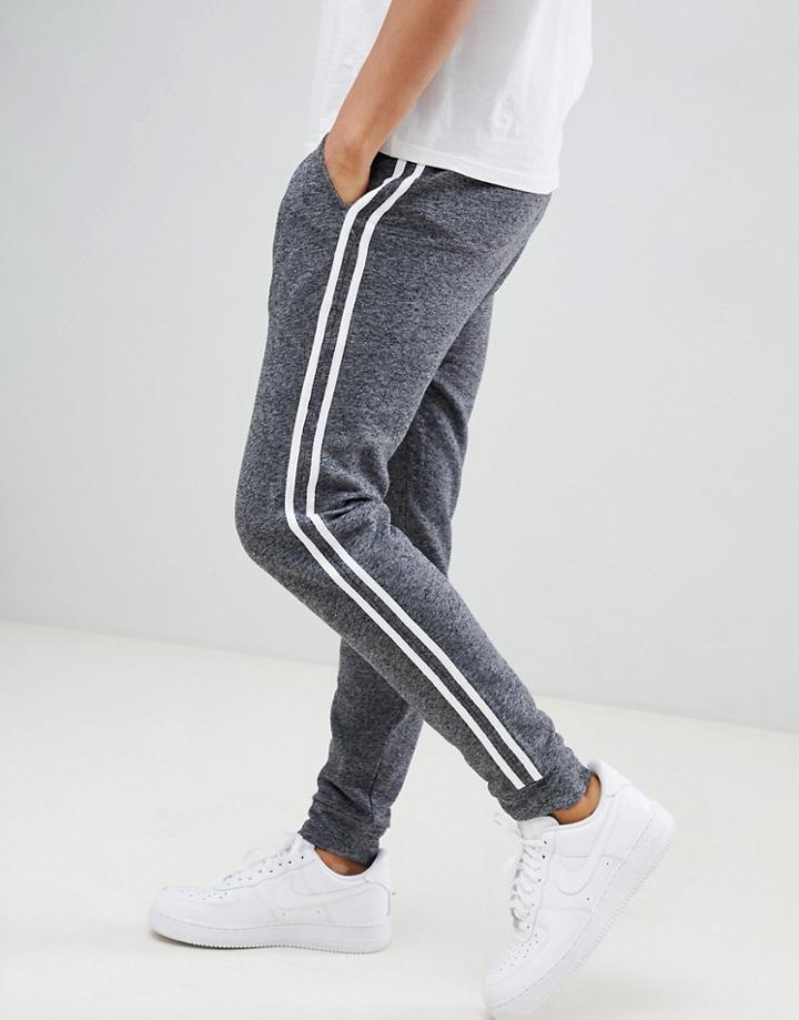 Asos Design Skinny Joggers In Charcoal Interest Fabric With Side Stripe - Gray