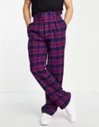 Asos Design High Waisted Wide Smart Pants In Purple And Pink Check