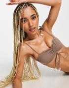 Asos Design Ruched Tie Bikini Top With Shell Detail In Brown