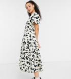 Collusion Pointed Waist Puff Sleeve Animal Print Midi Dress In Beige And Black-neutral