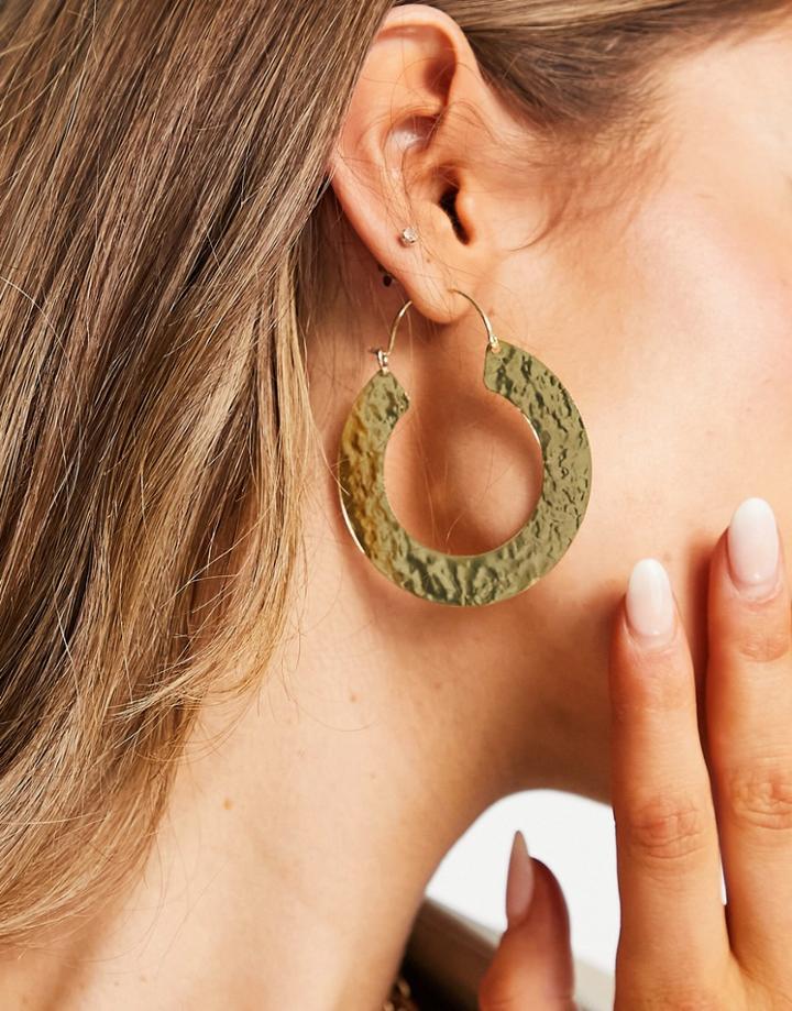 Asos Design Hoop Earrings In Hammered Flat Edge Design In Gold Tone