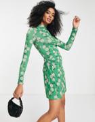River Island Pleat Drape Floral Mini Dress In Green