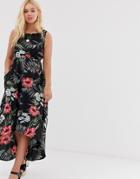 Qed London High Low Midi Dress In Tropical Print - Black