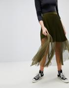 Asos Pleated Midaxi Skirt With Sheer Detail - Green