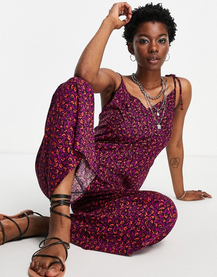 Asos Design 90s Tie Shoulder Jumpsuit In Dark Floral Print-multi