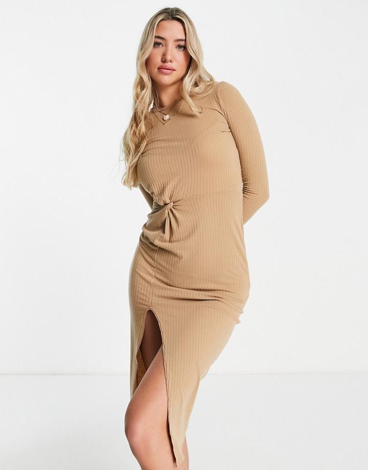 Miss Selfridge Twist Front Rib Midi Dress In Camel-neutral