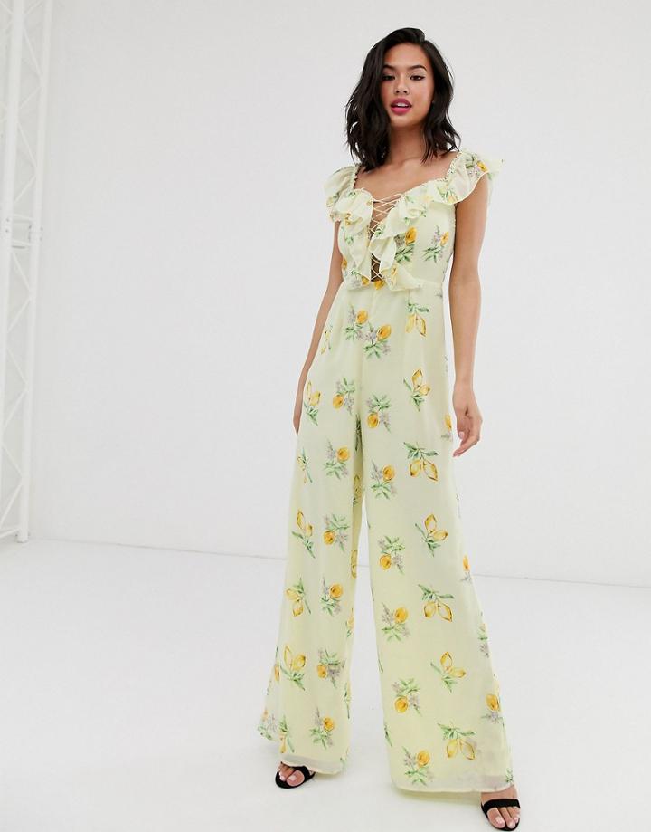 Asos Design Lemon Print Ruffle Strappy Jumpsuit - Multi